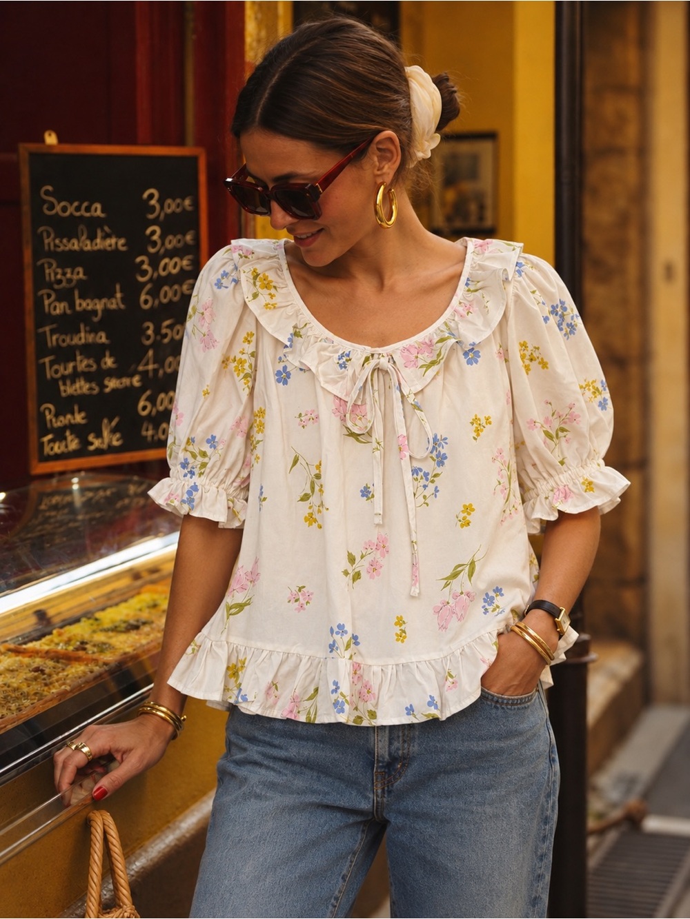 Handmade 100% Cotton Floral Ruffle Tie-Neck Women's Top Medium NEW WITH TAGS